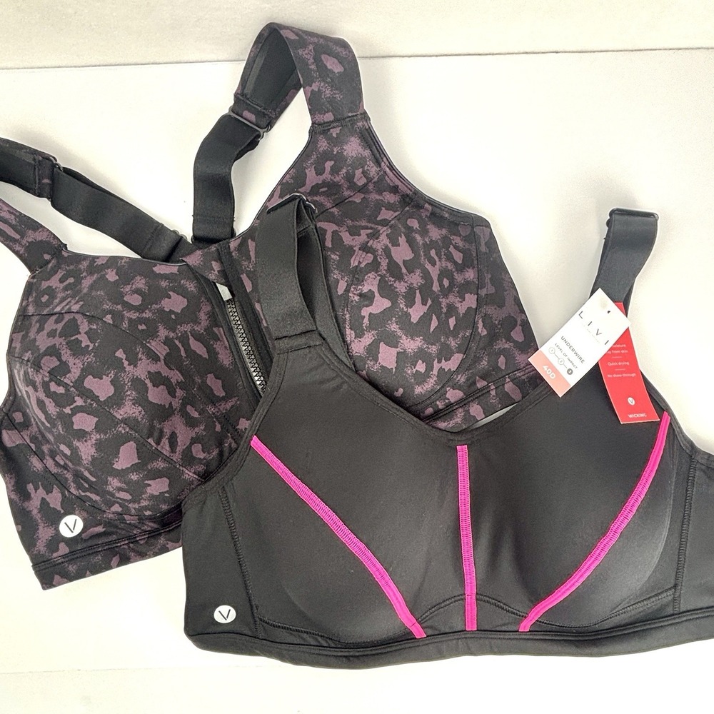 LIVI Lane Bryant Sports Bras Lot of 2 40D Black Pink Purple Zip - 1 NWT, 1 EUC
